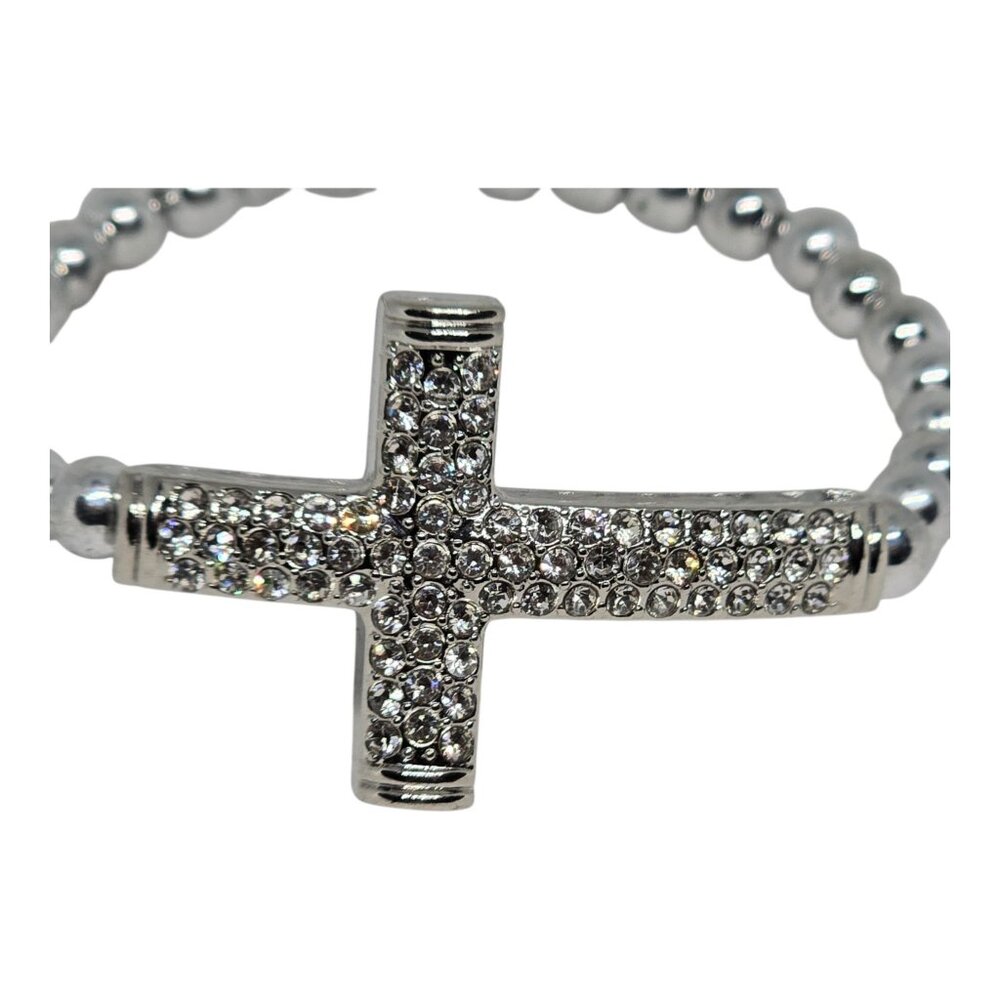 Rhinestone Cross Beaded Stretch Bracelet In Silver Tone - Picture 2 of 7